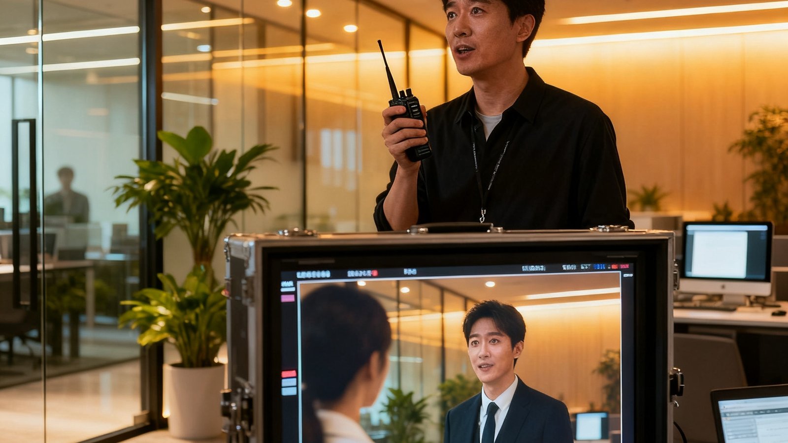 导演手持对讲机站在监视器后方指导企业品牌宣传片拍摄，背景是精心布置的现代化办公场景，演员正进行自然表演，灯光营造出专业温暖的氛围