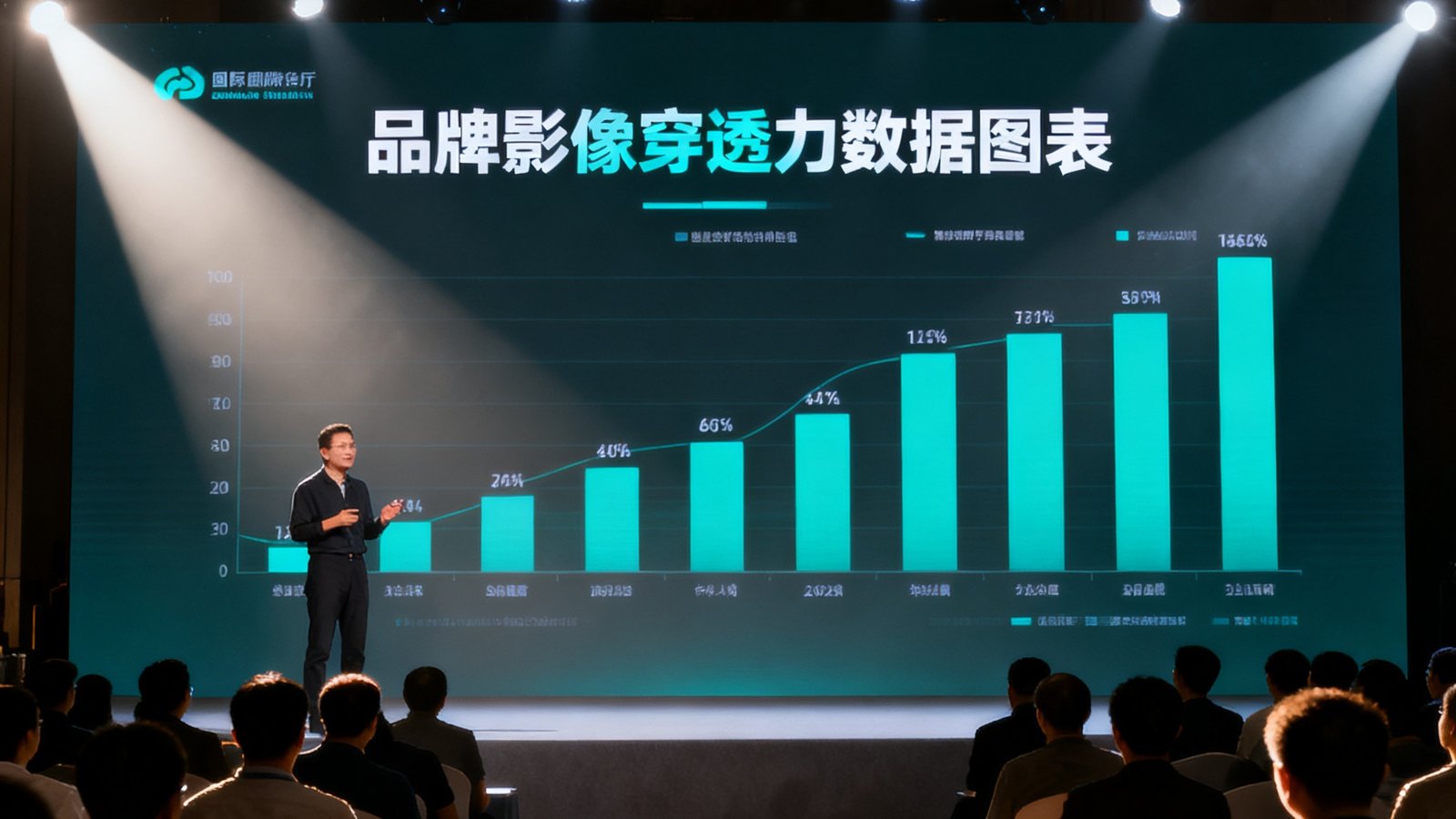 PA国际厅创始人周明远在2025中国品牌影像峰会主舞台上进行主题演讲，背景屏幕显示品牌影像穿透力数据图表，台下观众专注聆听