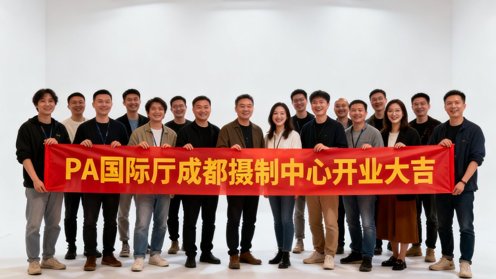 PA国际厅成都摄制中心开业仪式上全体团队成员合影，背景是崭新的摄影棚和灯光设备，大家手持庆祝横幅笑容灿烂