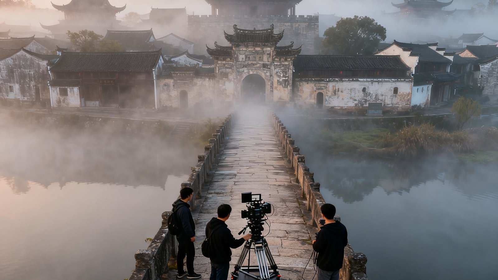 浙江某5A级文旅景区宣传片拍摄现场，清晨薄雾中千年古建筑群若隐若现，无人机从高空俯瞰拍摄全景，团队在石桥上架设滑轨捕捉细节