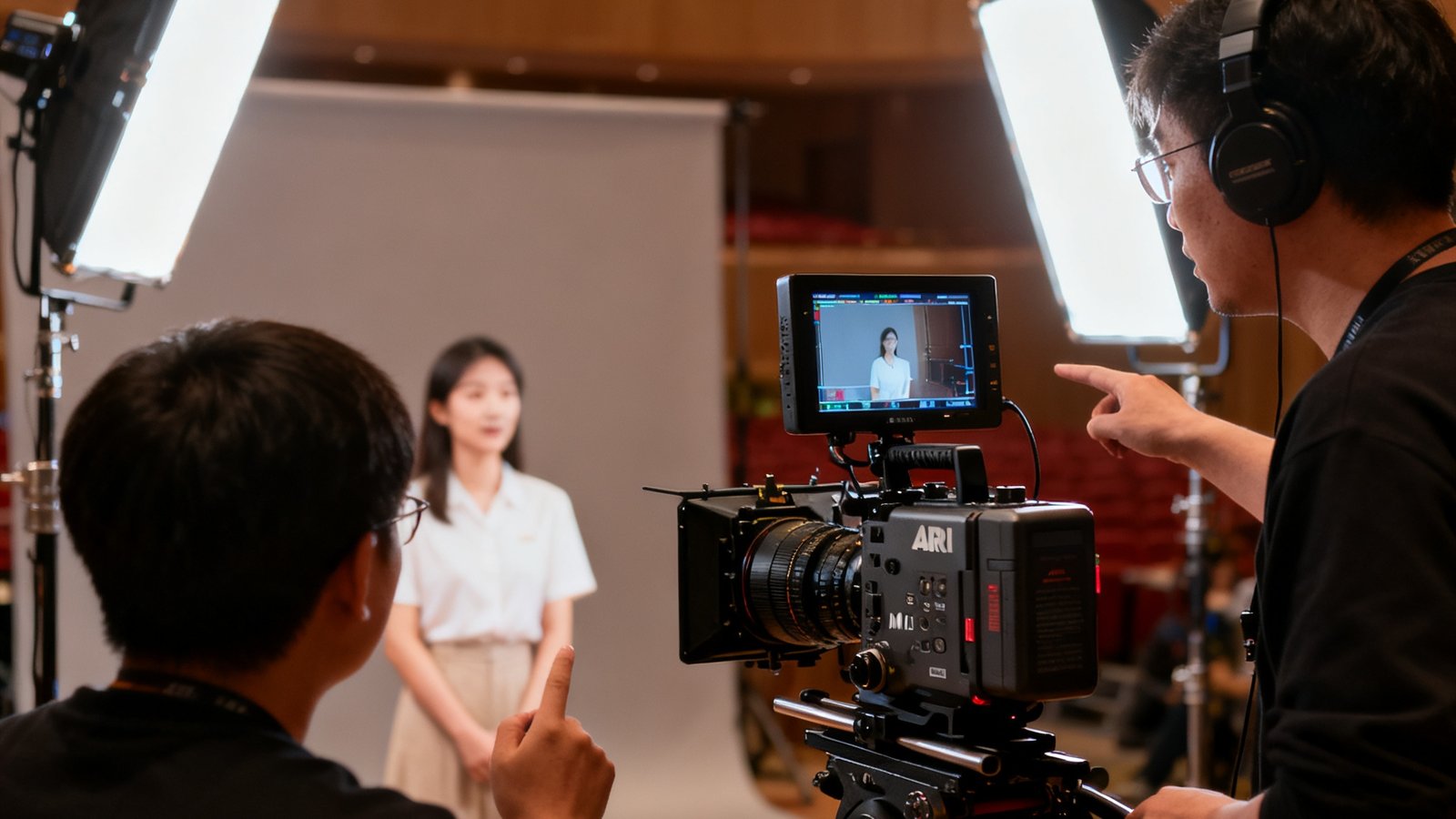 PA国际厅专业影视拍摄团队在片场使用ARRI ALEXA Mini LF电影级摄影机配合Cooke镜头进行企业宣传片拍摄，监视器前导演正专注指导演员表演，灯光组使用SkyPanel营造柔和光影氛围